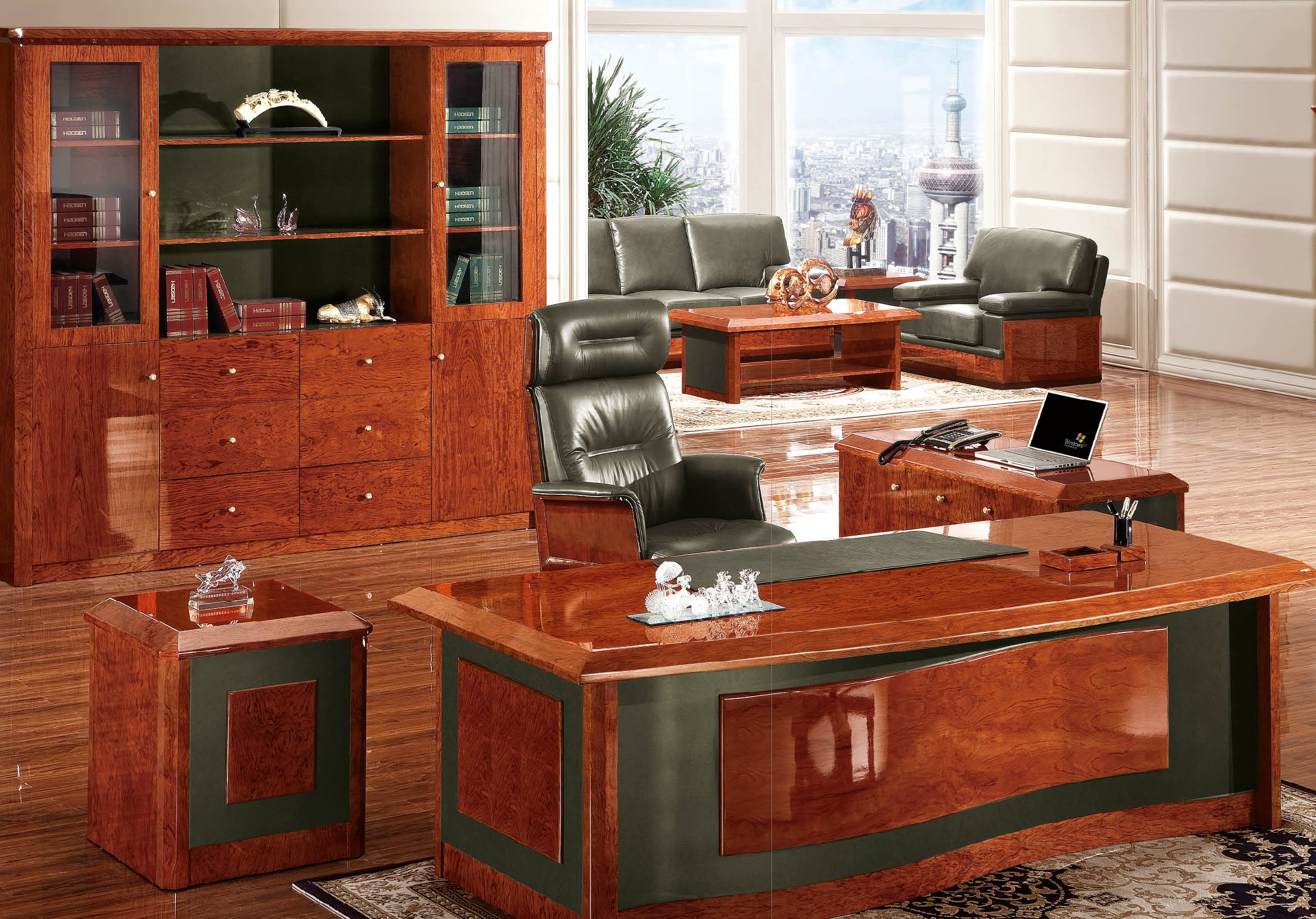Italian Design Luxury Executive Desk With Wave Design - High Lacquered Walnut Wood & Leather - 2400mm - IVA-0811